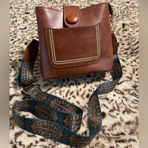 Fashion Bug Tan Shoulder Bag with Blue Patterned Strap